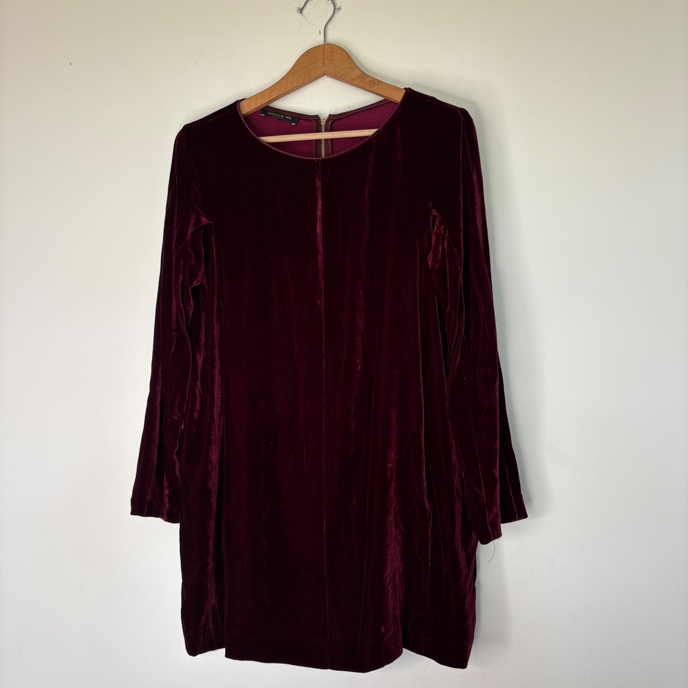 Lafayette 148 Burgundy Red Velvet Long Sleeve Shift Dress Exposed Zipper Small